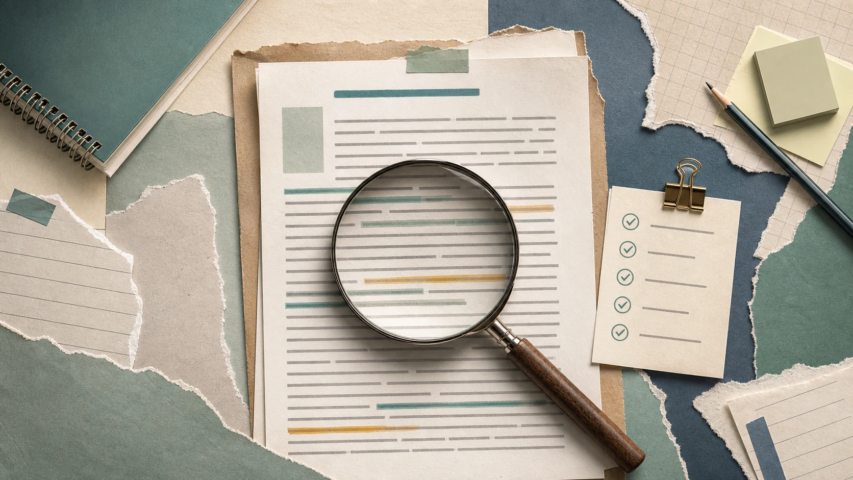 Warm academic paper collage showing AI detection review signals and student writing evidence