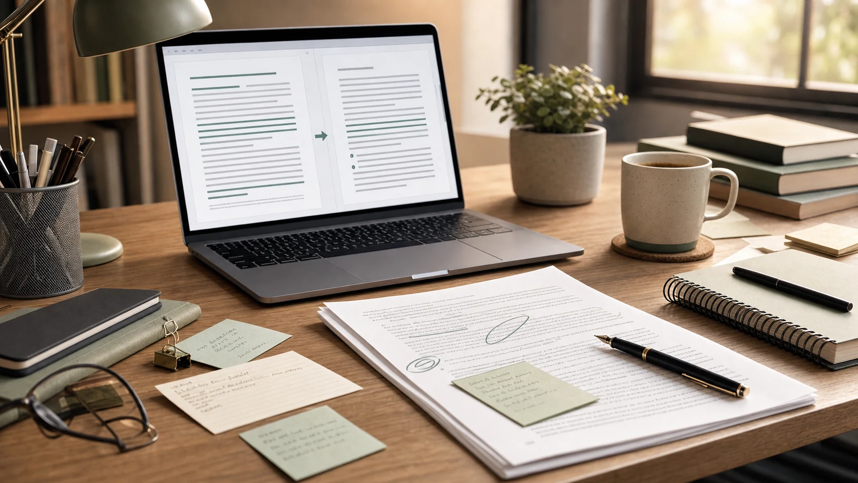Editorial desk showing an AI humanizer writing process for student essay revision