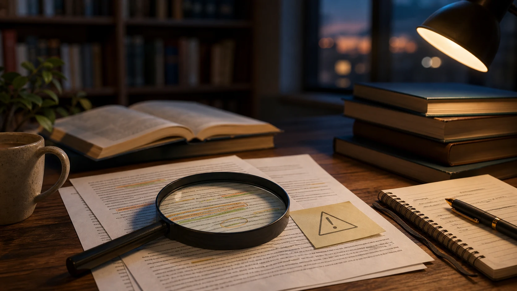 Library desk with magnifying glass reviewing whether AI detectors can flag humanized writing