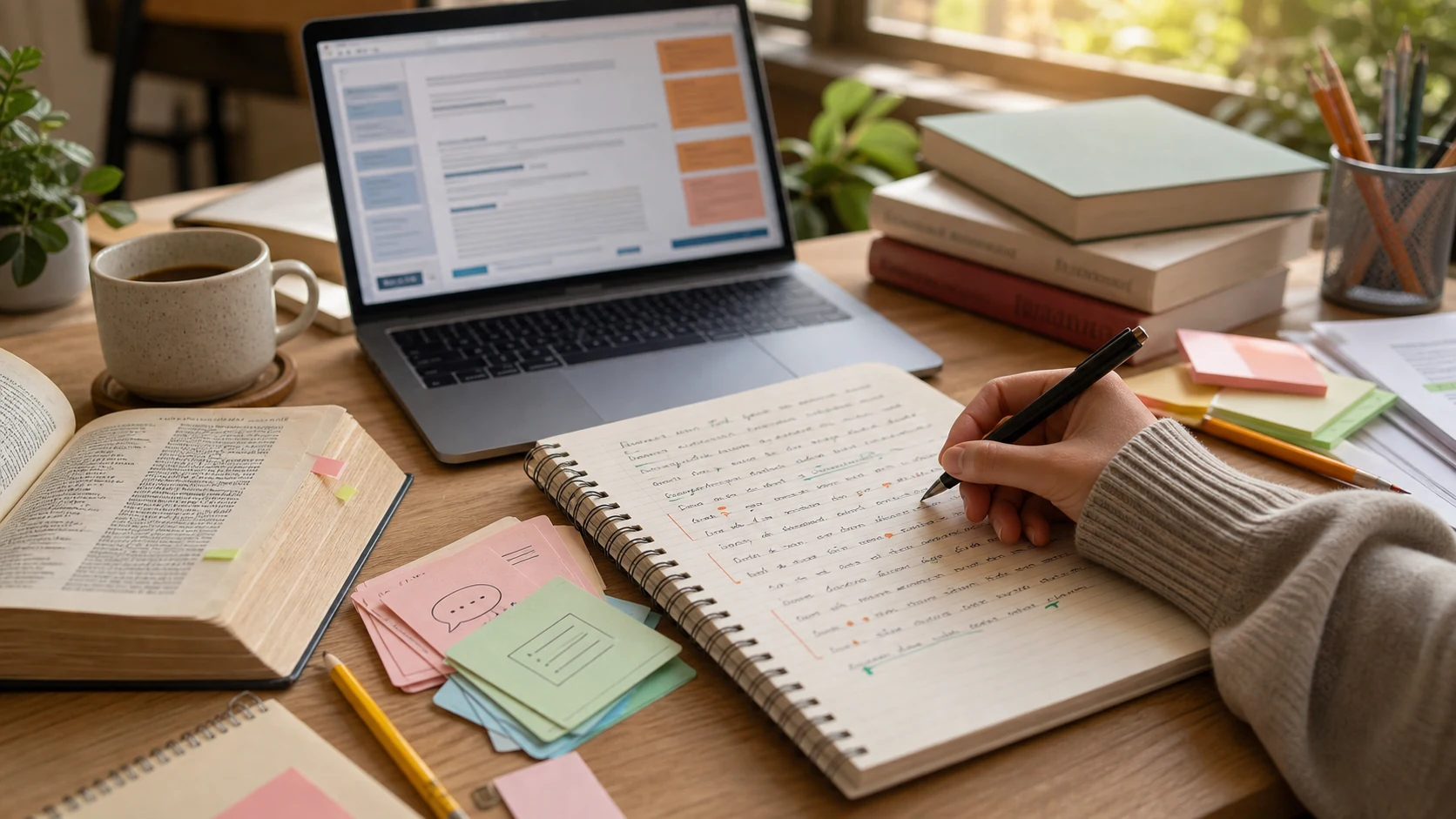 ESL student writing center desk with notebook revision marks and English draft editing
