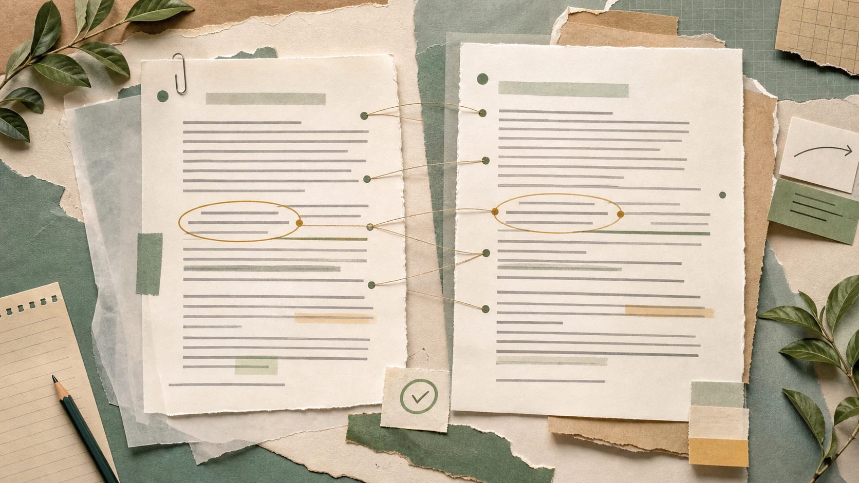 Paper collage showing meaning-preserving AI text revision with two connected essay drafts