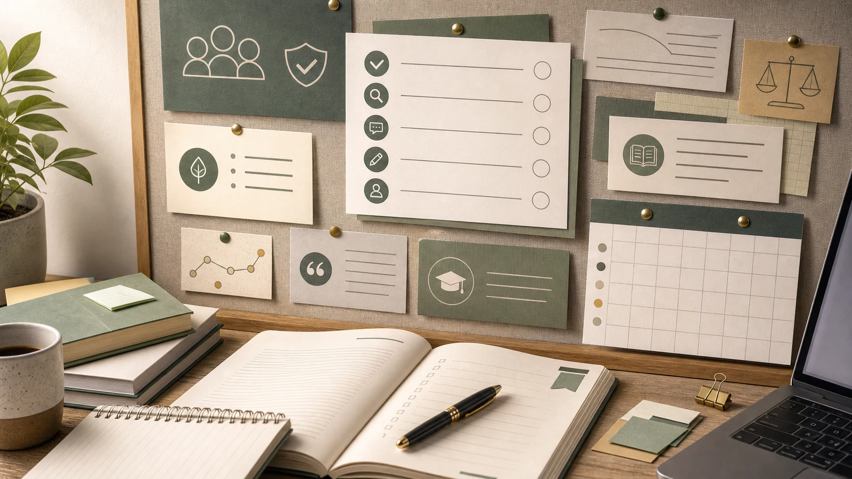 Responsible AI editing bulletin board with academic checklist cards for student assignments