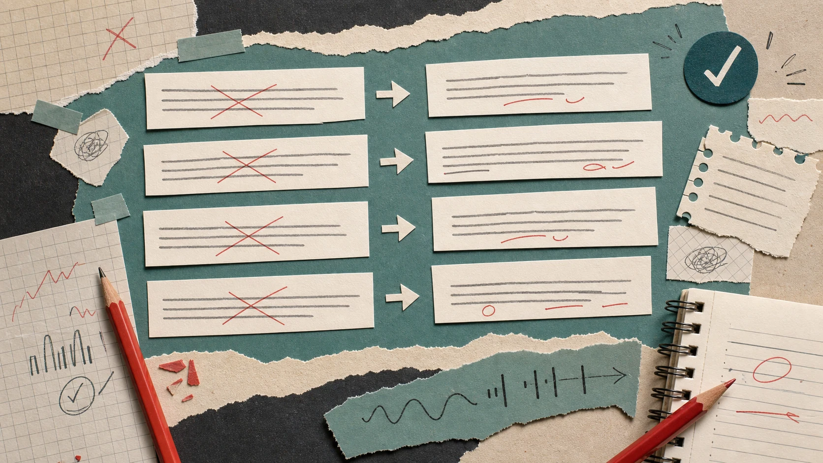Handmade writing process board editing robotic ChatGPT phrases into natural student prose